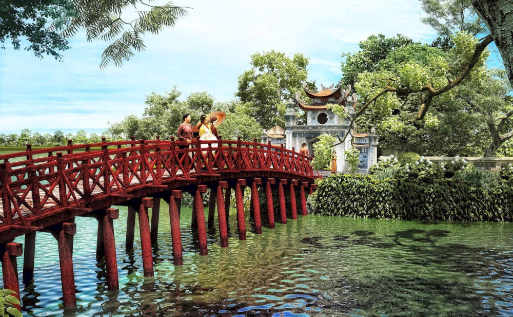 The Huc Bridge connecting Hoan Kiem Lake to Ngoc Son Temple